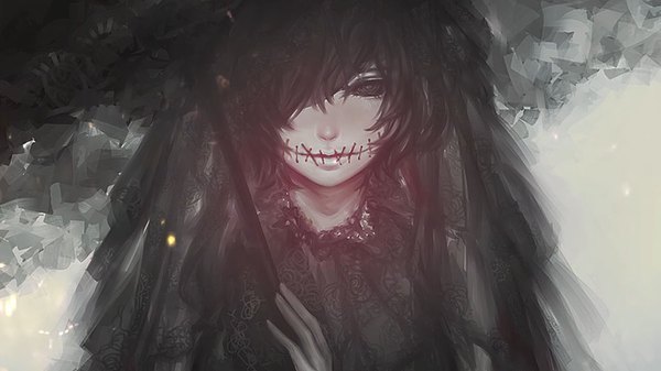 Anime picture 1366x768 with avodkabottle single long hair looking at viewer fringe black hair wide image lips hair over one eye expressionless girl socks black socks