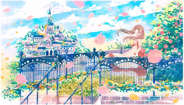 Anime picture 1500x864 with original lululu luuuuuun single long hair open mouth brown hair wide image twintails brown eyes looking away sky sunlight sunbeam weightlessness brick wall girl dress flower (flowers) petals stairs