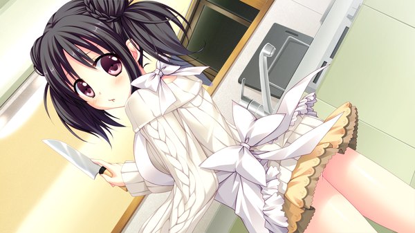 Anime picture 1280x720 with love-ressive (game) blush short hair black hair red eyes wide image game cg looking back girl apron sweater