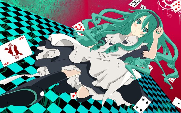 Anime picture 1920x1200 with vocaloid hatsune miku long hair blush highres open mouth blue eyes wide image nail polish aqua hair checkered floor girl dress thigh boots card (cards)