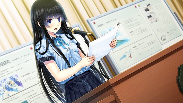 Anime picture 1280x720 with ayame no machi to ohimesama kazuharu kina single long hair open mouth blue eyes black hair wide image game cg embarrassed reading girl skirt uniform school uniform shirt microphone paper desk