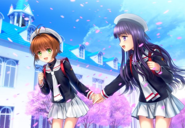 Anime picture 1300x900 with card captor sakura clamp kinomoto sakura daidouji tomoyo mutsuki (moonknives) long hair looking at viewer blush fringe short hair open mouth brown hair purple eyes multiple girls green eyes sky cloud (clouds) ahoge blunt bangs profile