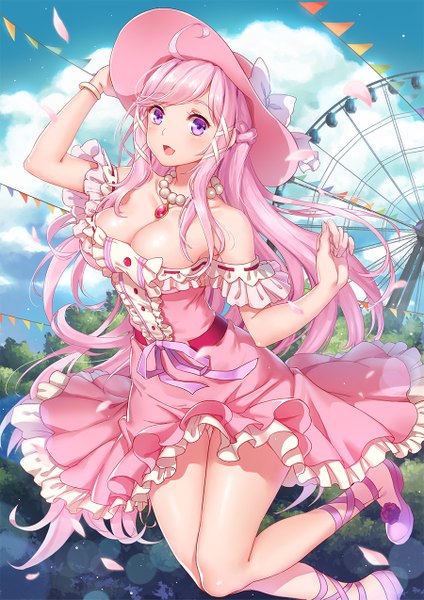 Anime picture 900x1273 with aishen qiaokeli-ing... zitong xia pollia single long hair tall image blush open mouth light erotic purple eyes pink hair cleavage cloud (clouds) girl dress hat bracelet ferris wheel