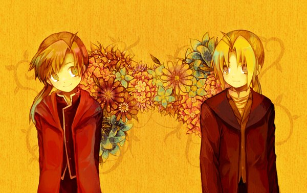 Anime picture 1785x1125 with fullmetal alchemist studio bones edward elric alphonse elric k z (pixiv) long hair highres blonde hair smile yellow eyes ahoge tail multiple boys yellow background boy 2 boys cloak