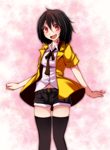 Anime picture 1549x2100 with touhou usami renko s-syogo single tall image looking at viewer blush short hair open mouth black hair red eyes girl thighhighs black thighhighs shirt shorts