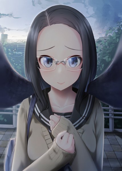 Anime picture 1488x2088 with original nekobaka single long hair tall image looking at viewer blush blue eyes black hair smile sky cloud (clouds) upper body hand on chest sleeves past wrists portrait girl uniform plant (plants) wings