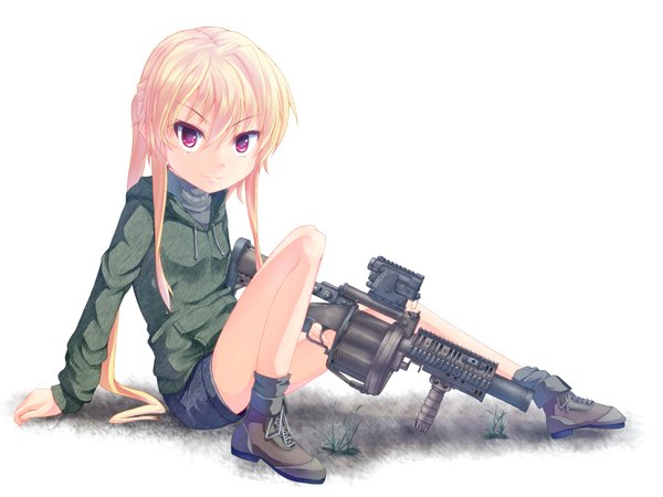 Anime picture 1600x1200 with original jessica jefferson dreadtie single long hair looking at viewer blonde hair purple eyes light smile girl weapon gun