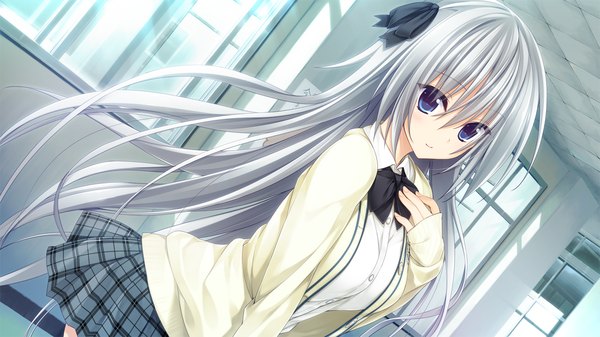 Anime picture 1280x720 with pretty x cation hibiki works elektrichka sapsan oryou long hair looking at viewer blush blue eyes wide image game cg silver hair girl skirt uniform bow hair bow school uniform bowtie