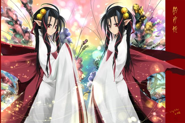 Anime picture 1280x853 with original alf874 long hair looking at viewer black hair red eyes standing multiple girls traditional clothes japanese clothes pointy ears inscription twins girl flower (flowers) bow 2 girls plant (plants) wings kimono