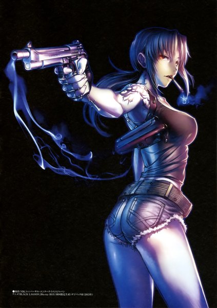 Anime picture 2497x3544 with black lagoon madhouse revy (black lagoon) hiroe rei single long hair tall image highres open mouth light erotic standing bare shoulders blue hair scan orange eyes tattoo lipstick reflection smoke smoking