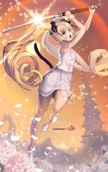 Anime picture 2350x3750 with blade & soul lyn (blade & soul) nightmadness single tall image highres open mouth blonde hair twintails green eyes animal ears very long hair legs flat chest jumping thick thighs girl dress weapon petals
