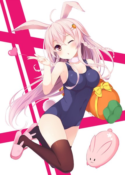 Anime picture 1787x2500 with original takehana note long hair tall image blush fringe highres breasts light erotic simple background hair between eyes white background bare shoulders holding animal ears payot pink hair full body ahoge bent knee (knees)