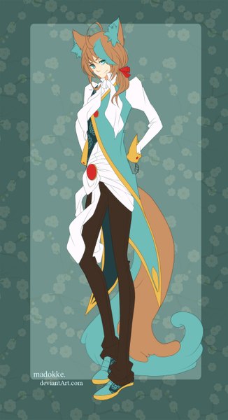 Anime picture 800x1472 with original nebeskaa single long hair tall image looking at viewer simple background smile brown hair standing animal ears tail animal tail multicolored hair aqua eyes aqua hair two-tone hair hand on hip fox ears cherry blossoms