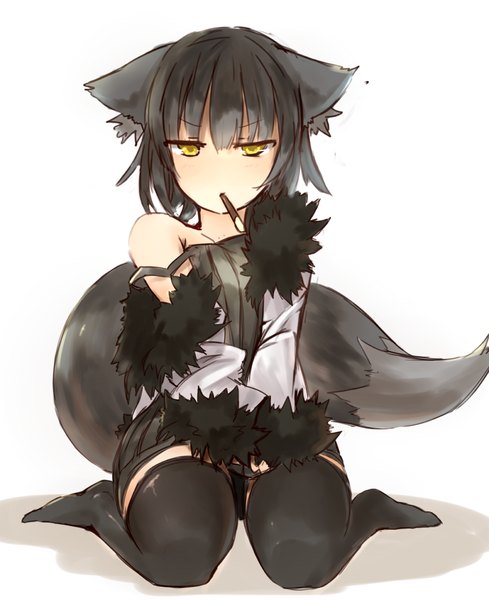 Anime picture 900x1104 with original nanashi (shirogane usagi) ganesagi single tall image fringe short hair black hair simple background white background sitting animal ears yellow eyes bent knee (knees) tail animal tail no shoes fox ears kneeling fox tail