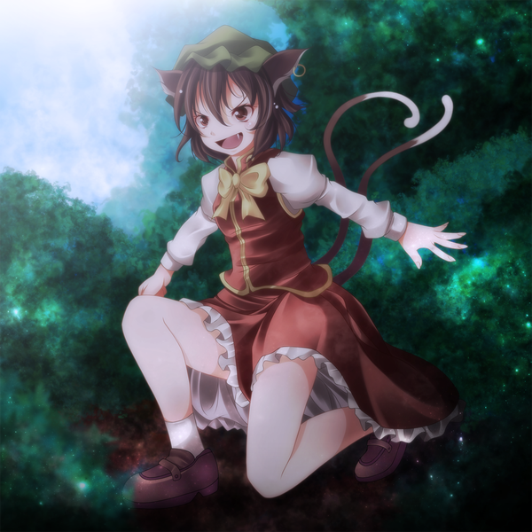 Anime picture 1500x1500 with touhou chen s-syogo single short hair open mouth black hair brown eyes animal ears animal tail multiple tails girl dress skirt bow plant (plants) tree (trees) bonnet skirt set