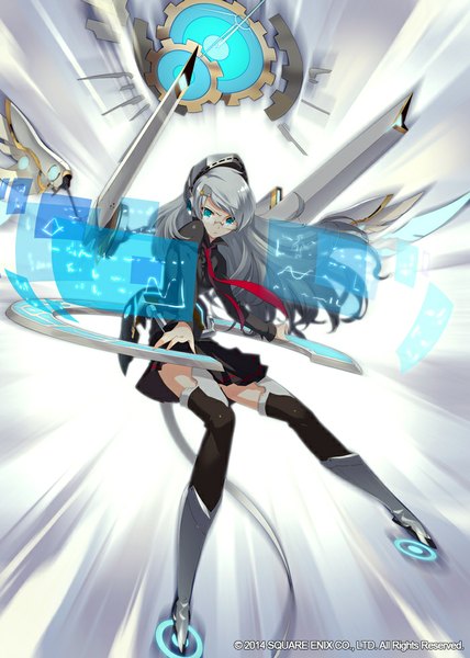 Anime picture 700x980 with original masa (masa) single long hair tall image looking at viewer bent knee (knees) aqua eyes grey hair mechanical mechanical wings girl thighhighs black thighhighs wings glasses necktie