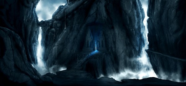 Anime picture 1400x653 with original edlo (artist) wide image light landscape fantasy rock waterfall fog water bridge torch