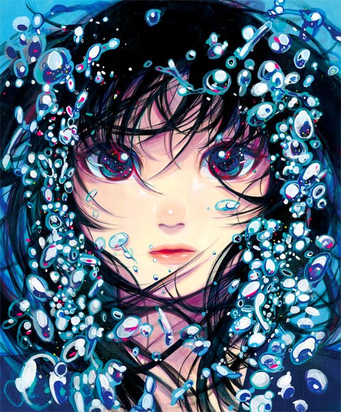 Anime picture 1079x1300 with original tatsumi (serao) single long hair tall image looking at viewer fringe black hair red eyes close-up underwater girl water bubble (bubbles)