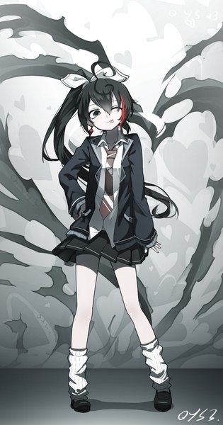 Anime picture 2100x4000 with original li (qys3) qys3 single long hair tall image looking at viewer fringe highres black hair hair between eyes standing signed ahoge ponytail head tilt pleated skirt one eye closed multicolored hair wink