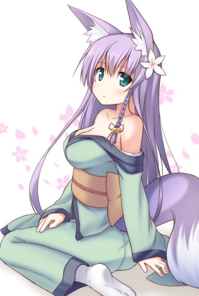 Anime picture 800x1184 with original utsurogi akira single long hair tall image looking at viewer blush fringe breasts light erotic simple background hair between eyes large breasts white background sitting bare shoulders green eyes animal ears cleavage purple hair