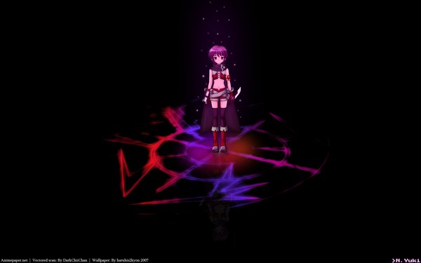 Anime picture 1920x1200 with suzumiya haruhi no yuutsu kyoto animation nagato yuki single looking at viewer highres short hair red eyes wide image signed purple hair full body character names black background reflection third-party edit girl book (books) knife