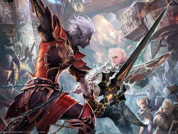 Anime picture 1024x768 with lineage (game) long hair short hair twintails white hair pointy ears orange hair dark skin group battle lightning 3d girl boy sword armor chain huge weapon huge sword