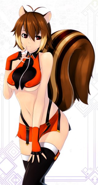 Anime picture 1680x3151 with blazblue makoto nanaya hell machina (1009056) single tall image short hair breasts light erotic red eyes brown hair bare shoulders animal ears tail animal tail midriff squirrel tail squirrel ears girl thighhighs navel