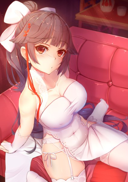 Anime picture 1500x2121 with azur lane takao (azur lane) takao (spring learning) (azur lane) if (asita) single tall image looking at viewer blush fringe breasts light erotic large breasts sitting bare shoulders brown eyes cleavage ponytail indoors blunt bangs very long hair