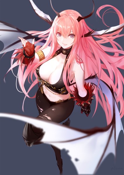 Anime picture 1300x1839 with dungeon and fighter knight (dungeon and fighter) kinven single tall image looking at viewer fringe breasts open mouth light erotic simple background smile large breasts purple eyes pink hair cleavage bent knee (knees) very long hair :d horn (horns)
