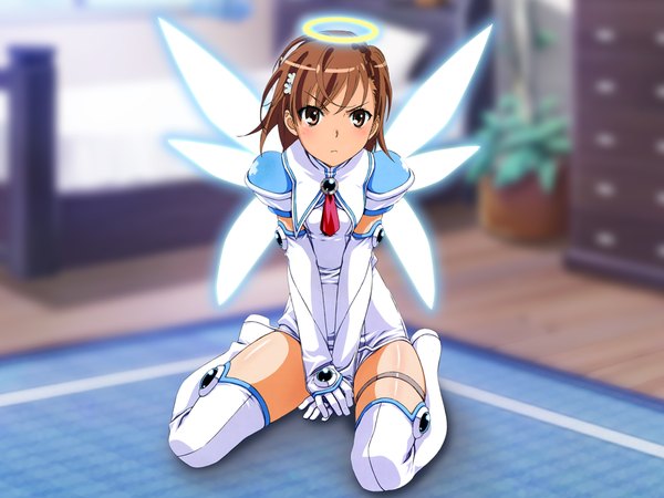 Anime picture 1024x768 with to aru kagaku no railgun to aru majutsu no index makai tenshi djibril j.c. staff misaka mikoto single blush short hair brown hair sitting brown eyes djibril aries (cosplay) girl hair ornament wings thigh boots halo suit