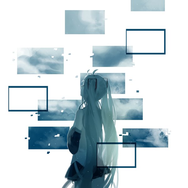 Anime picture 2000x2000 with vocaloid hatsune miku chiquita single highres simple background white background twintails bare shoulders ahoge upper body very long hair profile from behind blurry aqua hair wide sleeves looking up girl skirt