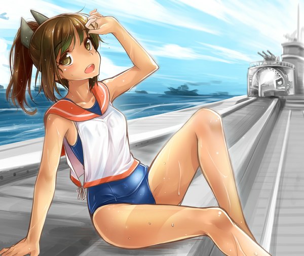 Anime picture 1000x844 with kantai collection i-401 aircraft carrying submarine okitakung single long hair looking at viewer open mouth brown hair sitting brown eyes ponytail wet girl swimsuit sea one-piece swimsuit sailor suit school swimsuit watercraft ship