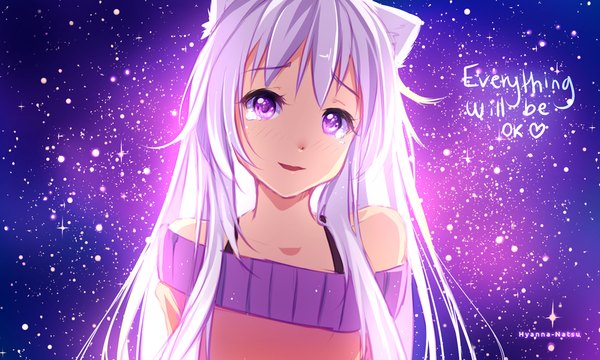 Anime picture 1023x614 with original hyanna-natsu single long hair looking at viewer blush fringe open mouth smile wide image purple eyes bare shoulders signed animal ears silver hair upper body head tilt cat ears night cat girl