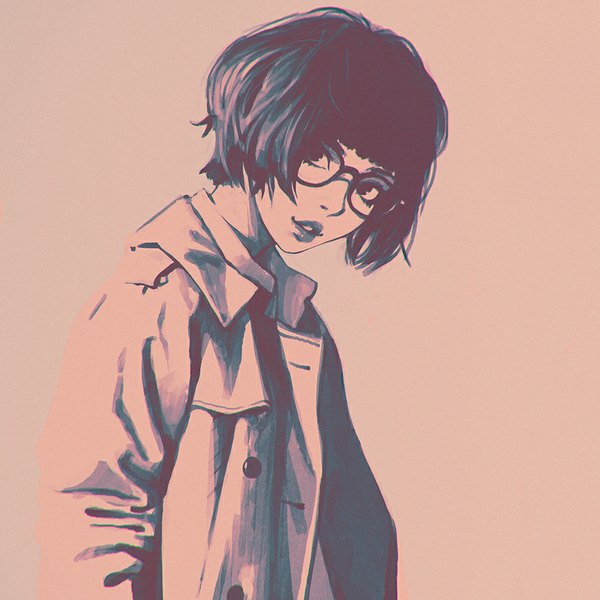 Anime picture 900x900 with original ilya kuvshinov single looking at viewer fringe short hair simple background parted lips head tilt lips open clothes open jacket monochrome hands in pockets bob cut girl glasses jacket coat