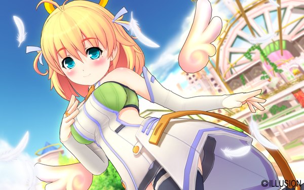 Anime picture 1920x1200 with illusion (copyright) ore ga shujinkou single blush highres short hair blue eyes blonde hair wide image ahoge girl thighhighs dress detached sleeves wings feather (feathers)