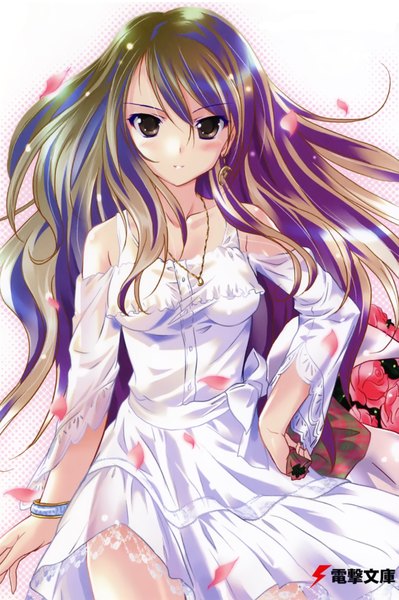 Anime picture 1385x2082 with golden time j.c. staff kaga kouko komatsu eiji single long hair tall image looking at viewer blush brown hair bare shoulders brown eyes scan girl dress flower (flowers) earrings petals bracelet pendant