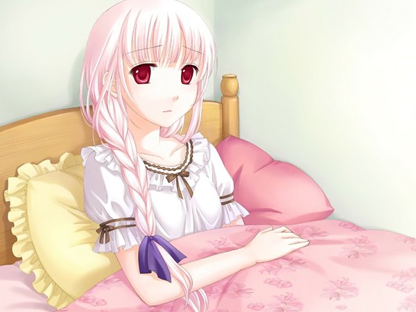 Anime picture 1024x768 with amanatsu single long hair fringe red eyes pink hair game cg blunt bangs braid (braids) single braid under covers girl pillow bed blanket