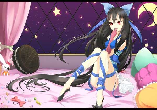 Anime picture 4700x3300 with koyaya (sorano) single long hair highres open mouth black hair red eyes sitting absurdres very long hair hand to mouth crescent girl bow ribbon (ribbons) hair bow window pillow fingerless gloves star (symbol)