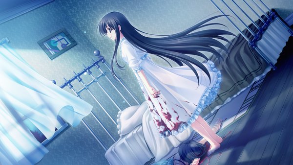 Anime picture 2048x1152 with midori no umi michiru (midori no umi) yukie (peach candy) long hair highres black hair wide image brown eyes game cg girl dress blood