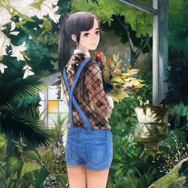 Anime picture 1200x1200 with original yong kit lam long hair looking at viewer black hair smile standing brown eyes ponytail looking back girl flower (flowers) plant (plants) animal shirt tree (trees) shorts bird (birds) bouquet vase