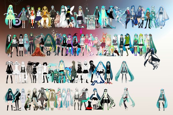 Anime-Bild 3200x2130 mit type-h vocaloid vocaloid append world is mine (vocaloid) hatsune miku black rock shooter (character) yuki miku hatsune miku (append) hachune miku zatsune miku hagane miku petite miku long hair highres light erotic black hair blonde hair sitting blue hair purple hair