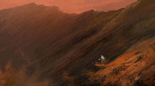 Anime picture 2500x1401 with original carlosnct (artist) highres wide image mountain landscape dust spacesuit mars