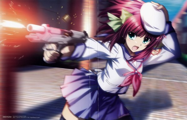 Anime picture 4583x2943 with angel beats! key (studio) nakamura yuri hirata katsuzou single highres short hair open mouth holding looking away pink hair absurdres pleated skirt aqua eyes blurry scan official art outstretched arm adjusting hat shot