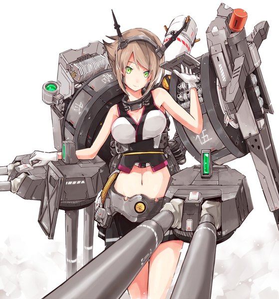 Anime picture 1399x1500 with kantai collection mutsu battleship shirofox (artist) single tall image looking at viewer fringe short hair breasts simple background smile brown hair standing white background green eyes cleavage pleated skirt light smile midriff legs