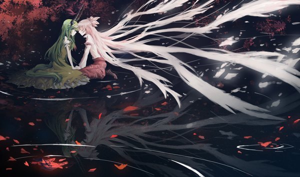 Anime picture 2000x1181 with touhou fujiwara no mokou kamishirasawa keine brownque (artist) long hair highres wide image multiple girls pink hair eyes closed very long hair horn (horns) green hair holding hands reflection girl dress bow 2 girls hair bow
