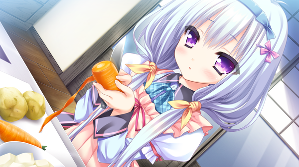 Anime picture 1280x720 with tayutama 2 yunohana nano single long hair blush wide image purple eyes blue hair game cg cooking girl uniform school uniform headband apron