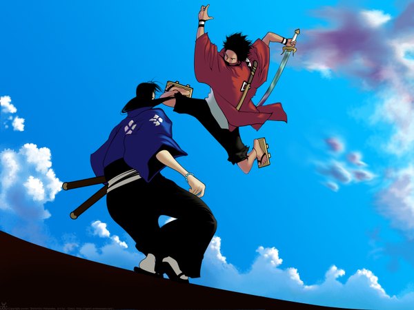 Anime picture 1600x1200 with samurai champloo mugen (samurai champloo) jinnosuke black hair sky cloud (clouds) boy sword katana