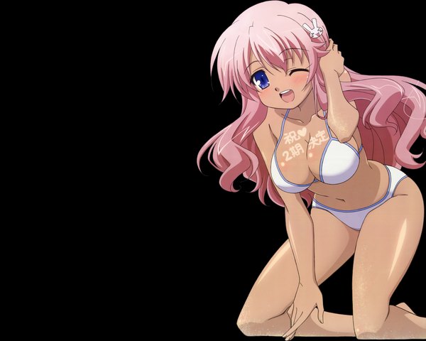 Anime picture 4375x3500 with baka to test to shoukanjuu silver link himeji mizuki single long hair blush highres purple eyes pink hair absurdres one eye closed wink kneeling black background girl swimsuit bikini