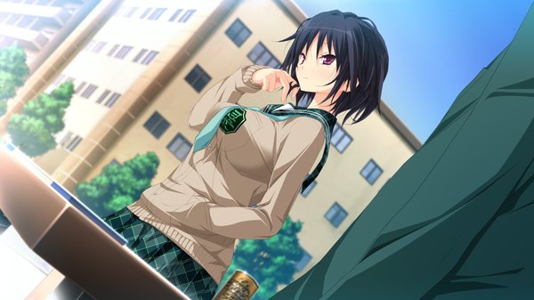 Anime picture 1280x720 with hapymaher purple software koku short hair black hair wide image purple eyes game cg girl uniform school uniform necktie sweater