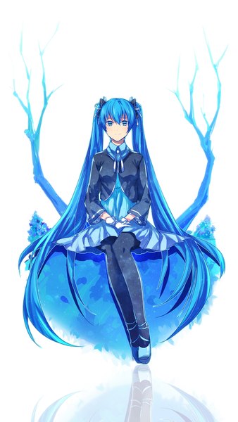 Anime picture 1200x2127 with vocaloid hatsune miku kasekitama single long hair tall image blue eyes sitting twintails blue hair very long hair girl dress flower (flowers) bow plant (plants) hair bow tree (trees)
